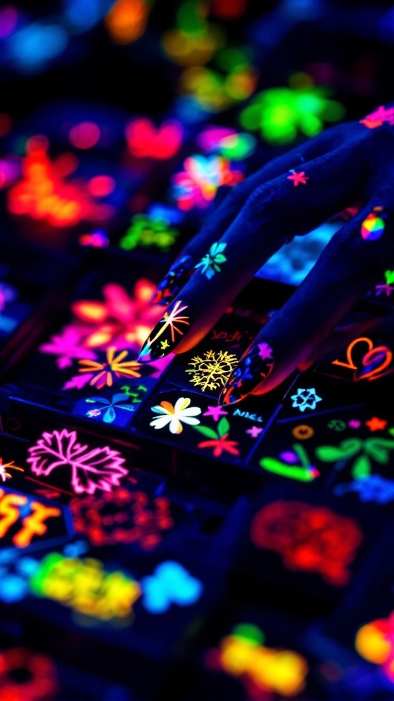A close-up of brightly colored neon nail art with floral designs