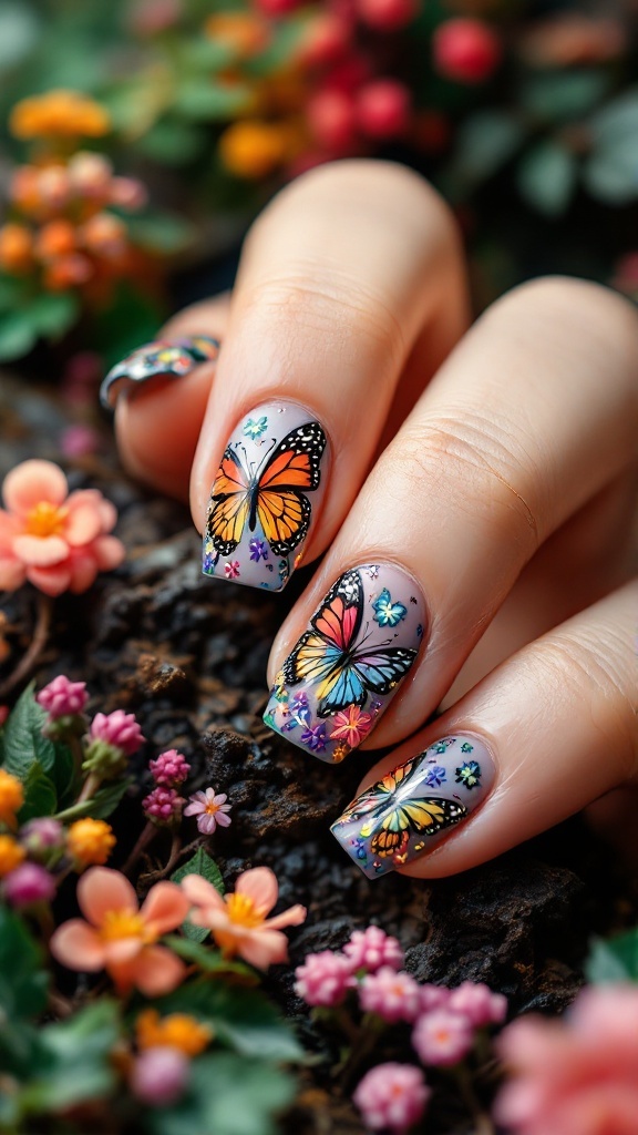 Colorful butterfly nail design with floral accents