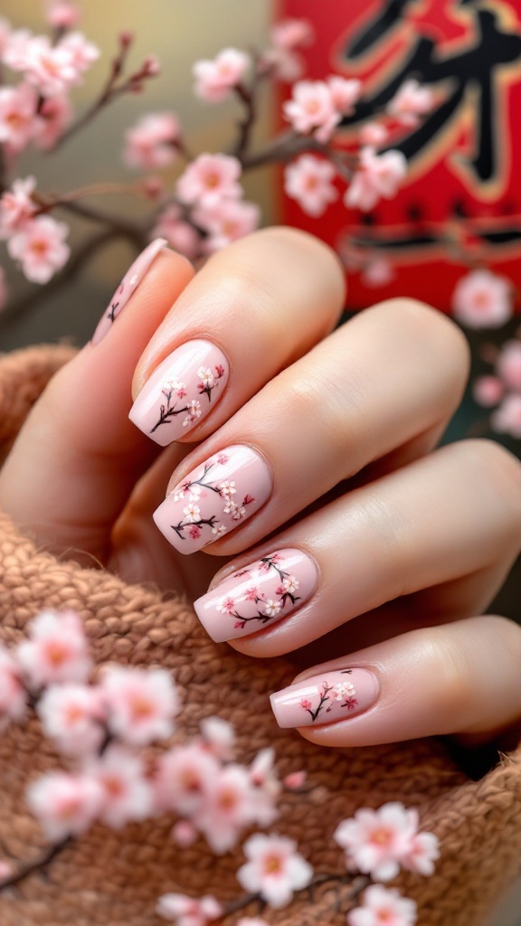 Elegant nails with cherry blossom designs on a soft pink base, held against a knit sweater backdrop.