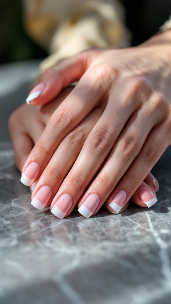 Close-up of hands with classic French twist nails, featuring a pink base and white tips.