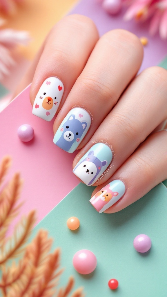Nails with cute animal prints featuring different colored backgrounds and playful designs