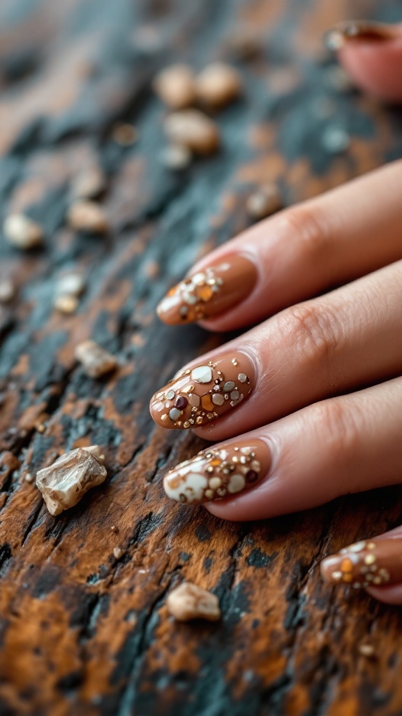 Nail art featuring earthy tones with decorative stones on a wooden surface.