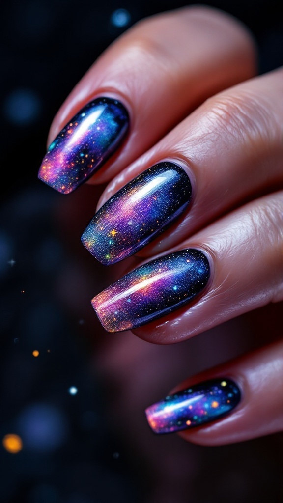 Nails designed with a galactic theme featuring a blend of blue and purple colors with glittery accents.