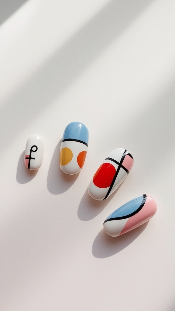 Nails featuring geometric patterns in various colors on a light background