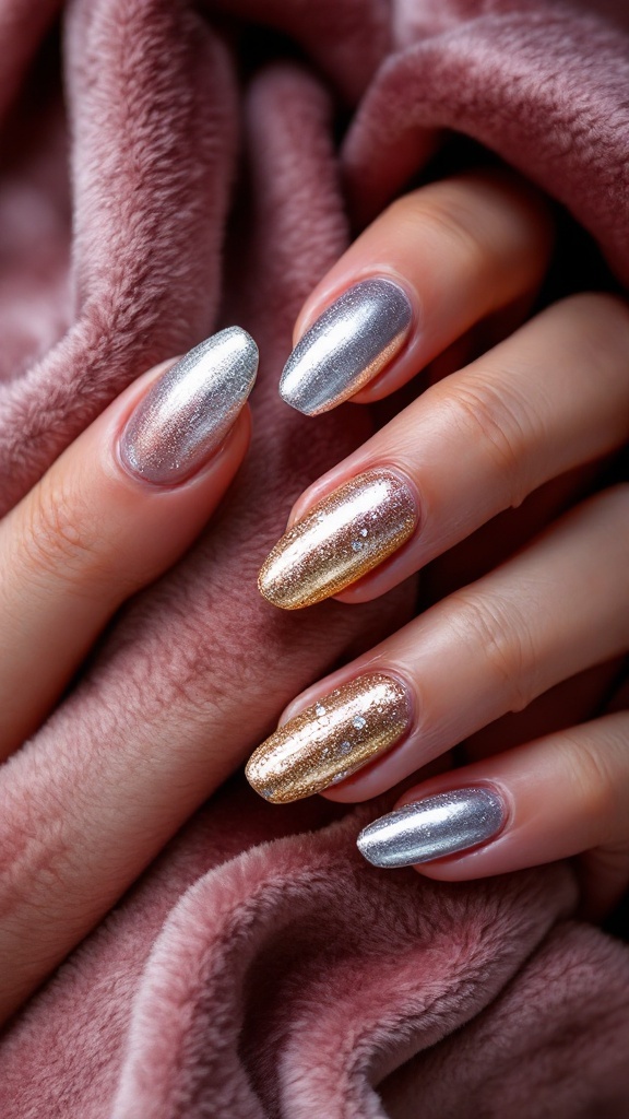 Close-up of hands with metallic silver and gold nails resting on a soft fabric.