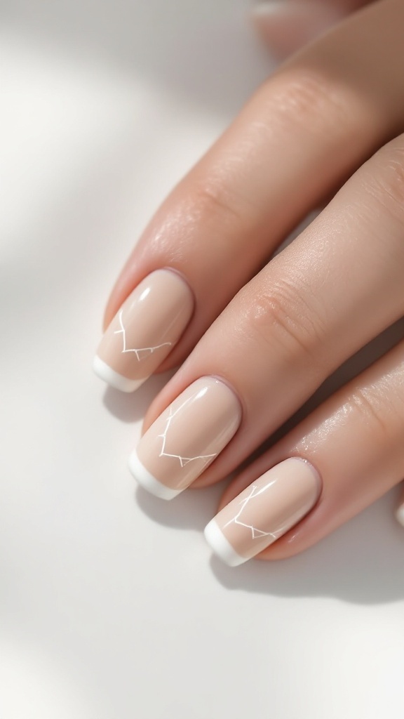 Minimalist line art nails with beige base and white abstract designs