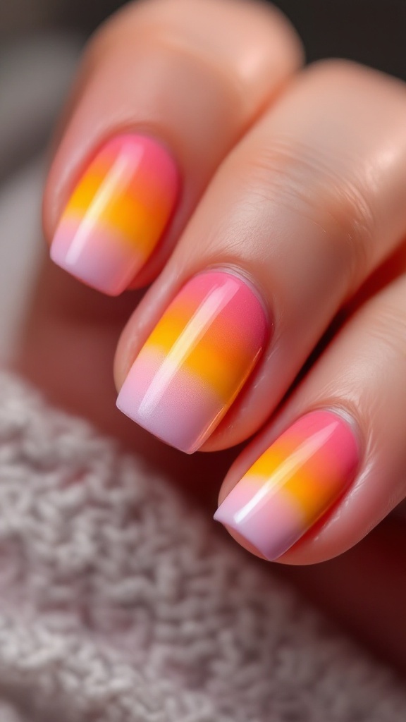 Ombre nails with pink, orange, and yellow gradient
