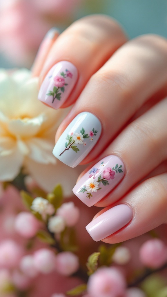 A hand showing pastel floral nail designs with pink and blue backgrounds and intricate flower patterns.