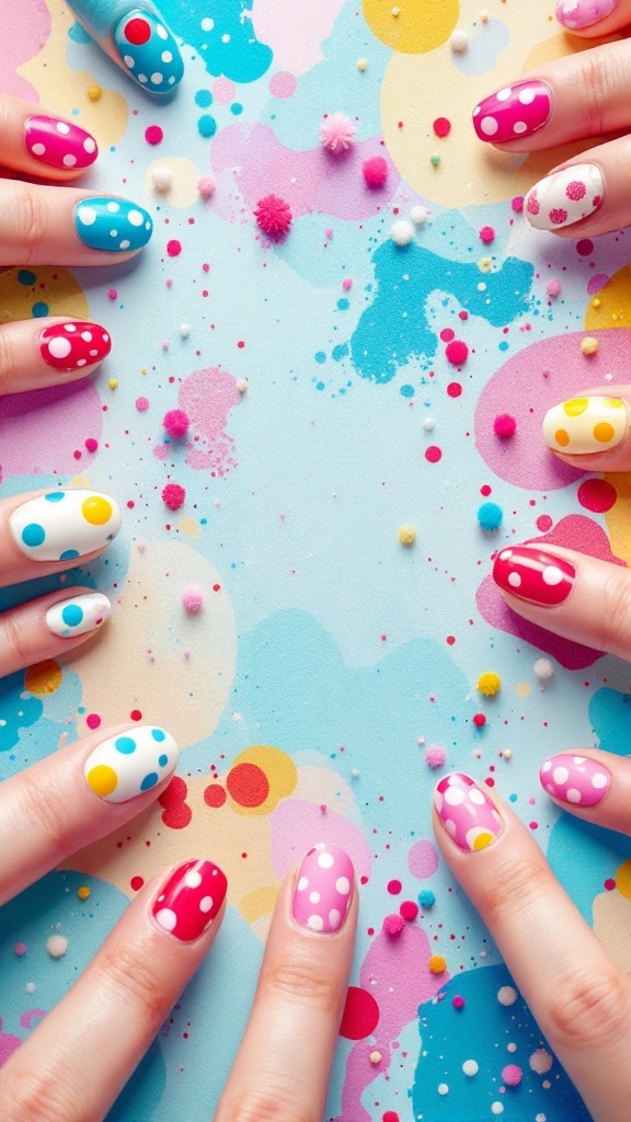 Colorful nails featuring polka dots on a vibrant background