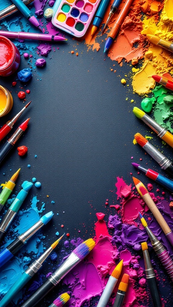 Colorful art supplies arranged to inspire rainbow swirl nail art design.