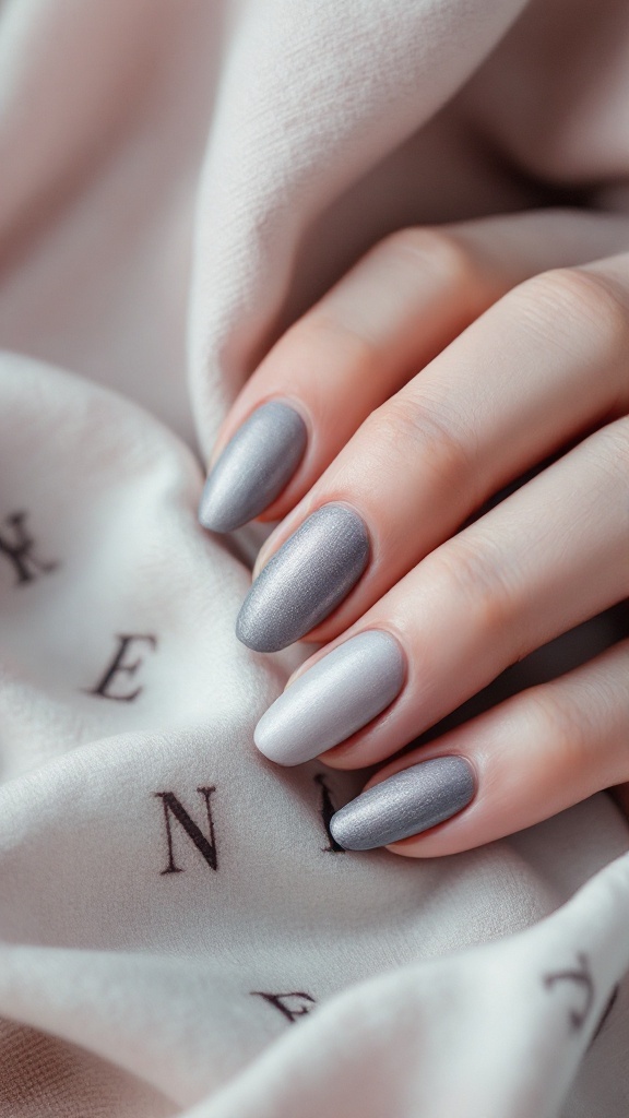 A close-up of a hand with textured matte finish nails in shades of gray.