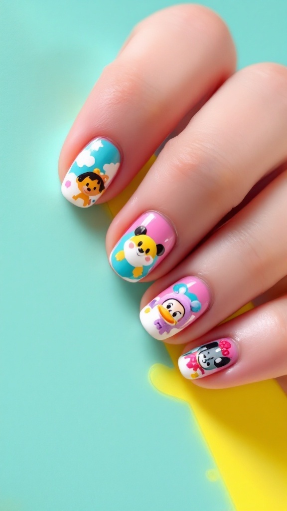 Nails featuring whimsical cartoon characters, including animals and playful designs.